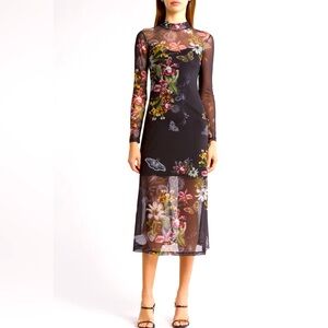 AllSaints Hanna Sanibel Mesh Midi Dress Floral Mock Neck Long Sleeve US 8 NWT